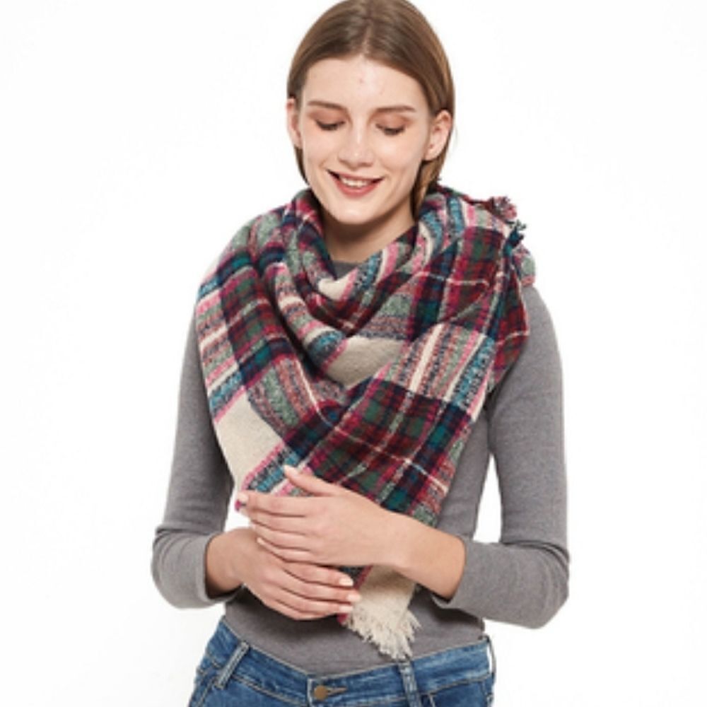 Cozy Oversized Plaid Blanket Scarf Wrap Fringe Trim